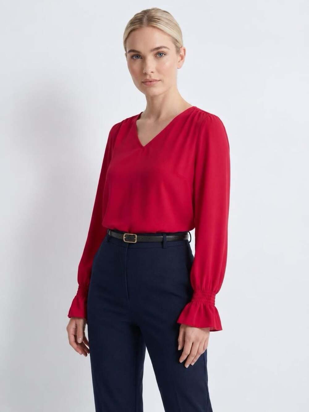 Shein V-Neck Blouse Size M Red Long Sleeve Ruffle Cuffs